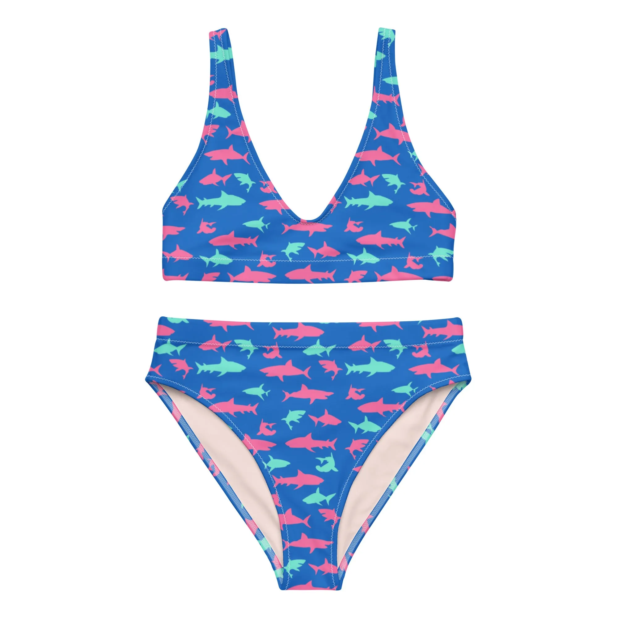 2-Pc Women's Eco-Recycled High Waist Bikini Set, Electric Blue Sharks