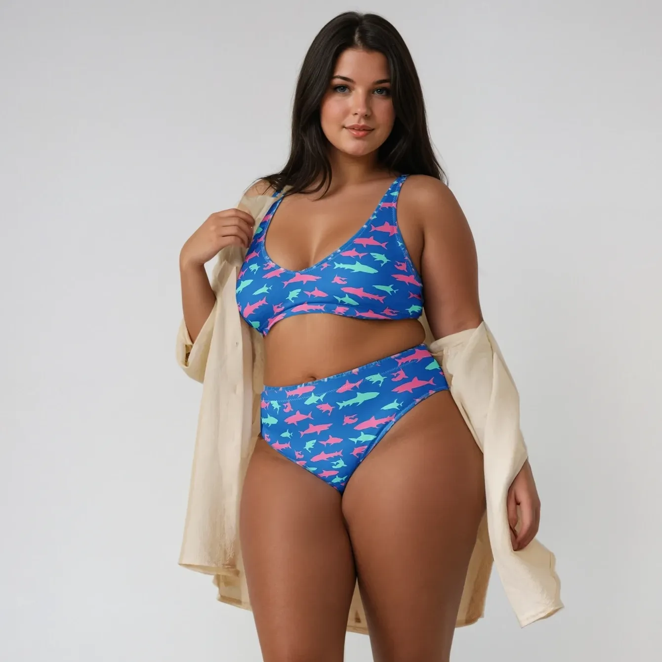 2-Pc Women's Eco-Recycled High Waist Bikini Set, Electric Blue Sharks