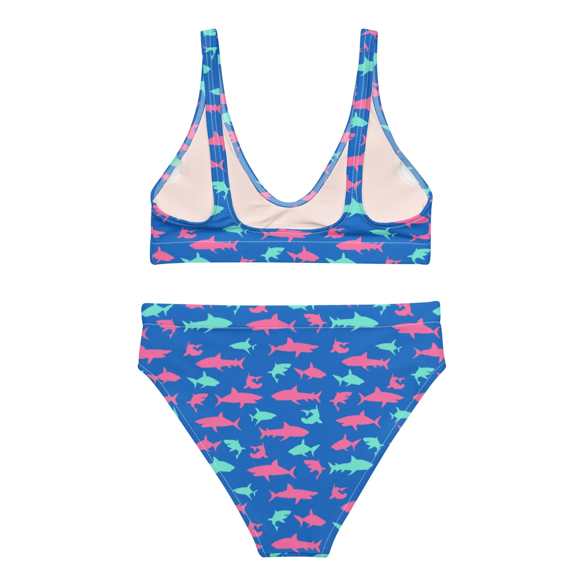 2-Pc Women's Eco-Recycled High Waist Bikini Set, Electric Blue Sharks