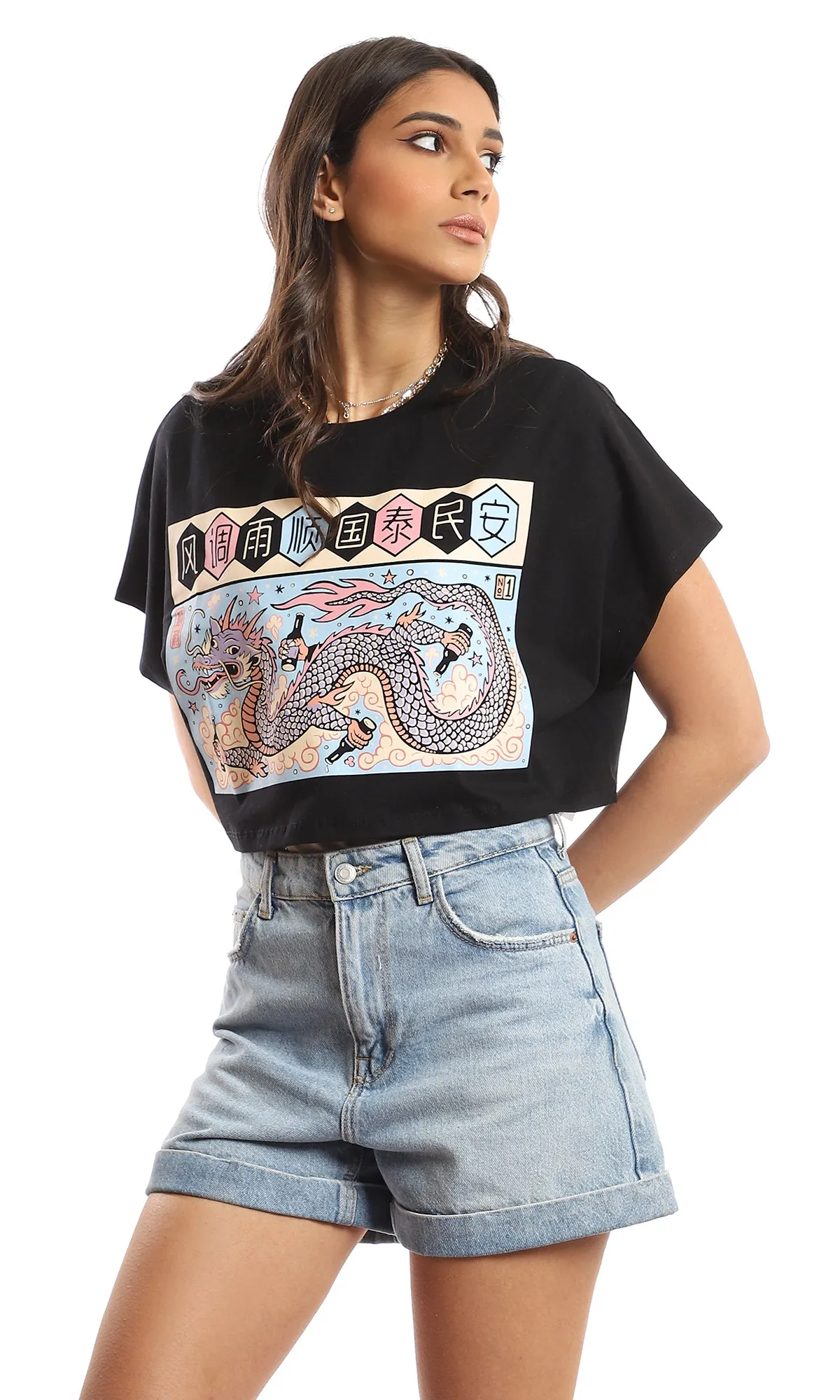 97444 Front & Back Printed Short Sleeves Black T-Shirt