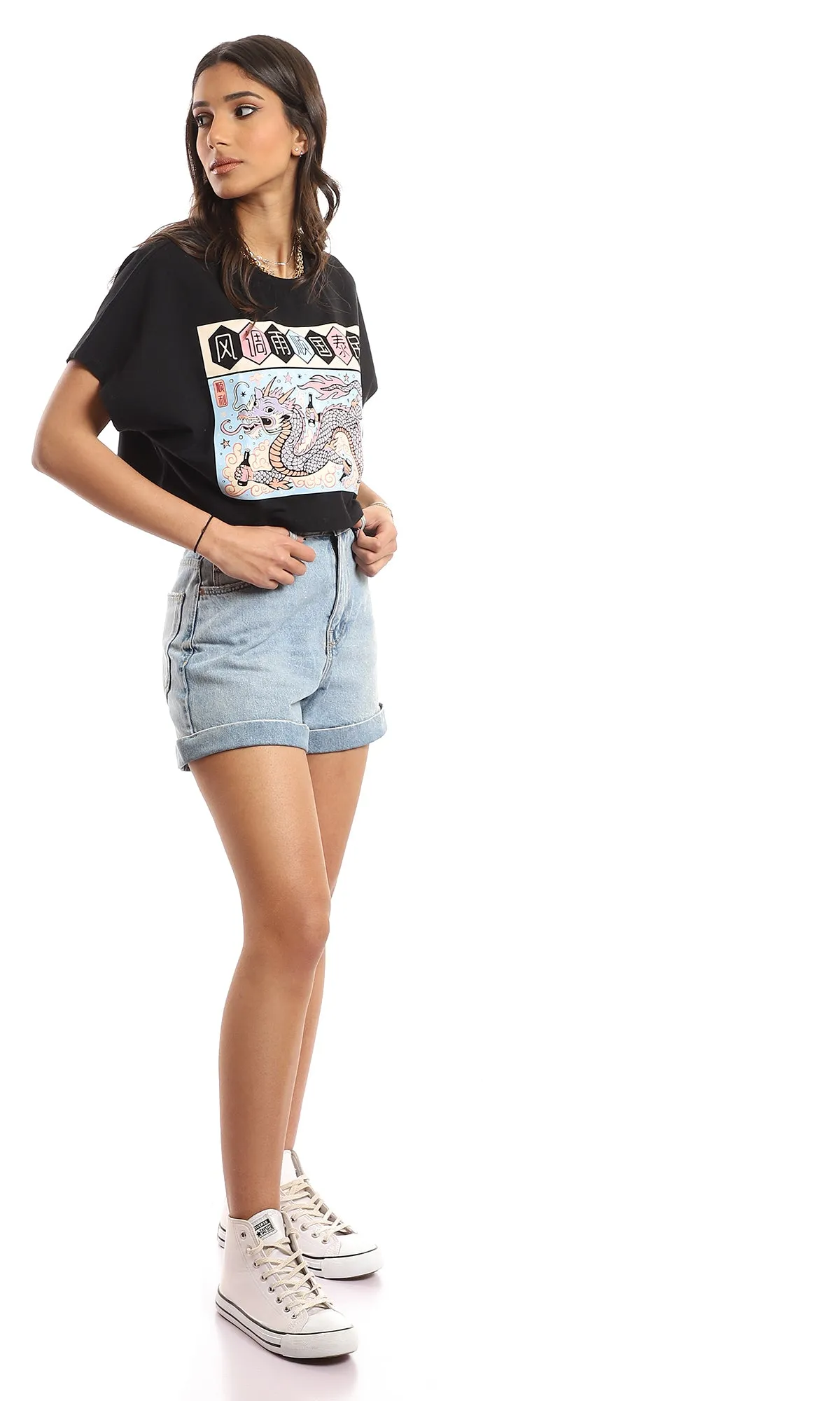 97444 Front & Back Printed Short Sleeves Black T-Shirt