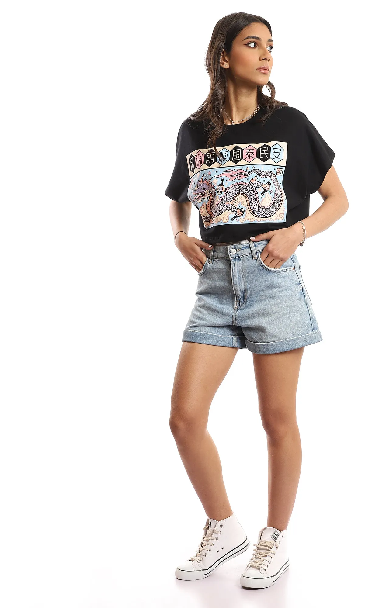 97444 Front & Back Printed Short Sleeves Black T-Shirt