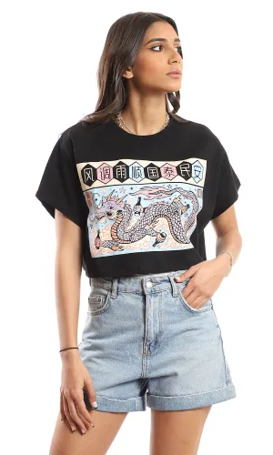 97444 Front & Back Printed Short Sleeves Black T-Shirt