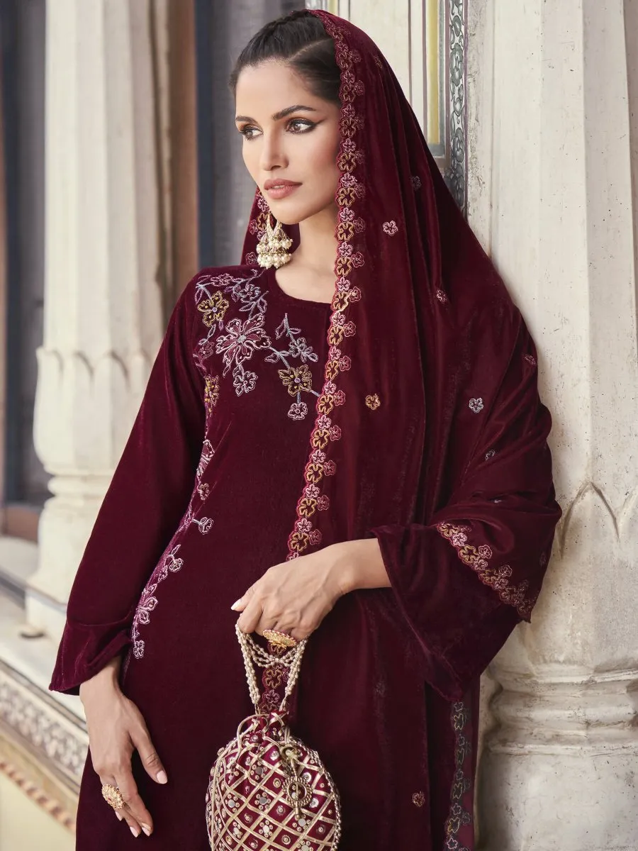 Aastha Fashion Women's Maroon Velvet Resham Thread with Jari & Sequin Kurta with Trouser & Dupatta