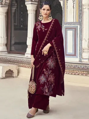 Aastha Fashion Women's Maroon Velvet Resham Thread with Jari & Sequin Kurta with Trouser & Dupatta