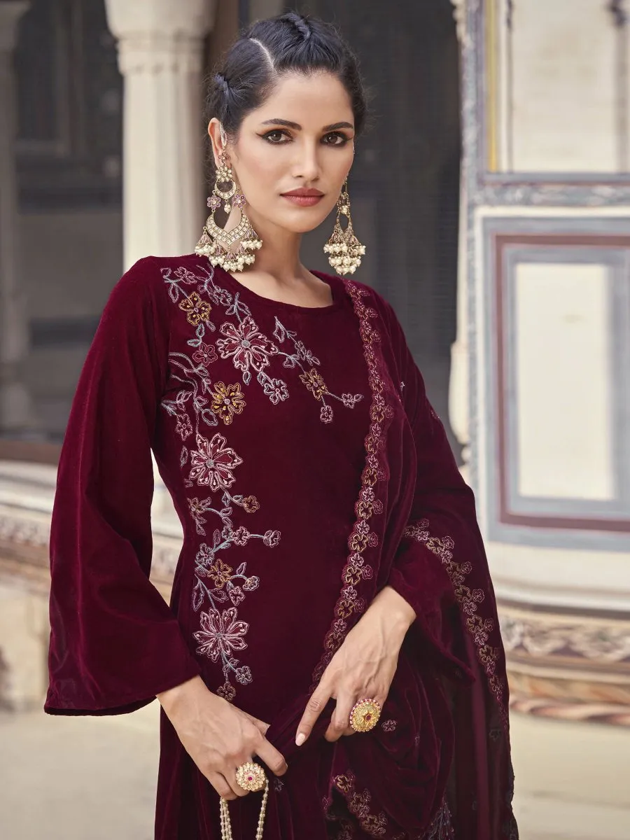 Aastha Fashion Women's Maroon Velvet Resham Thread with Jari & Sequin Kurta with Trouser & Dupatta