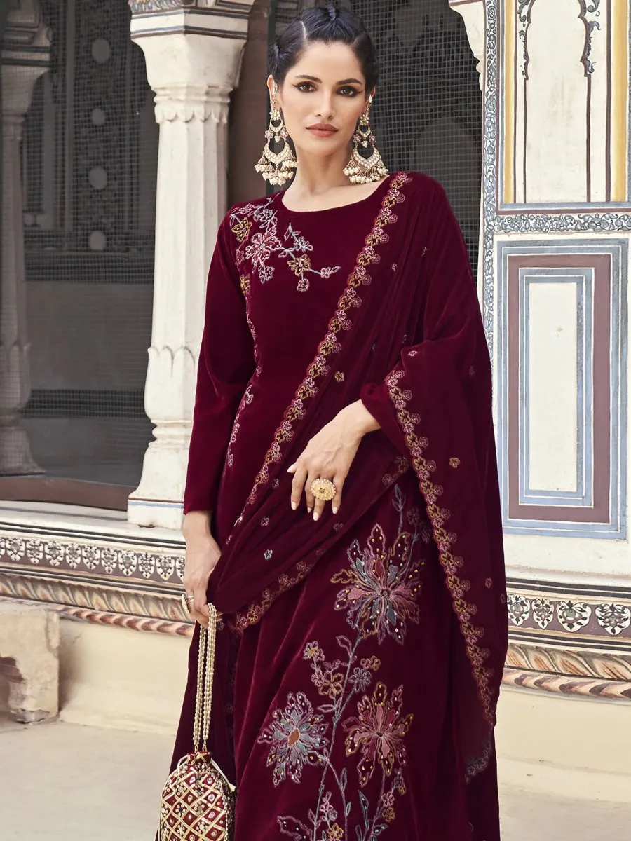 Aastha Fashion Women's Maroon Velvet Resham Thread with Jari & Sequin Kurta with Trouser & Dupatta