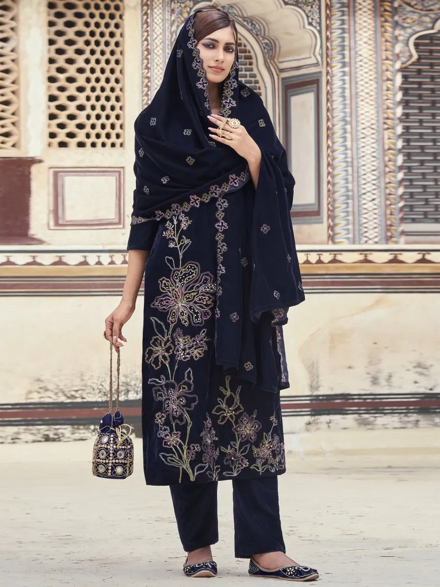Aastha Fashion Women's Navy Blue Velvet Resham Thread with Jari & Sequin Kurta with Trouser & Dupatta