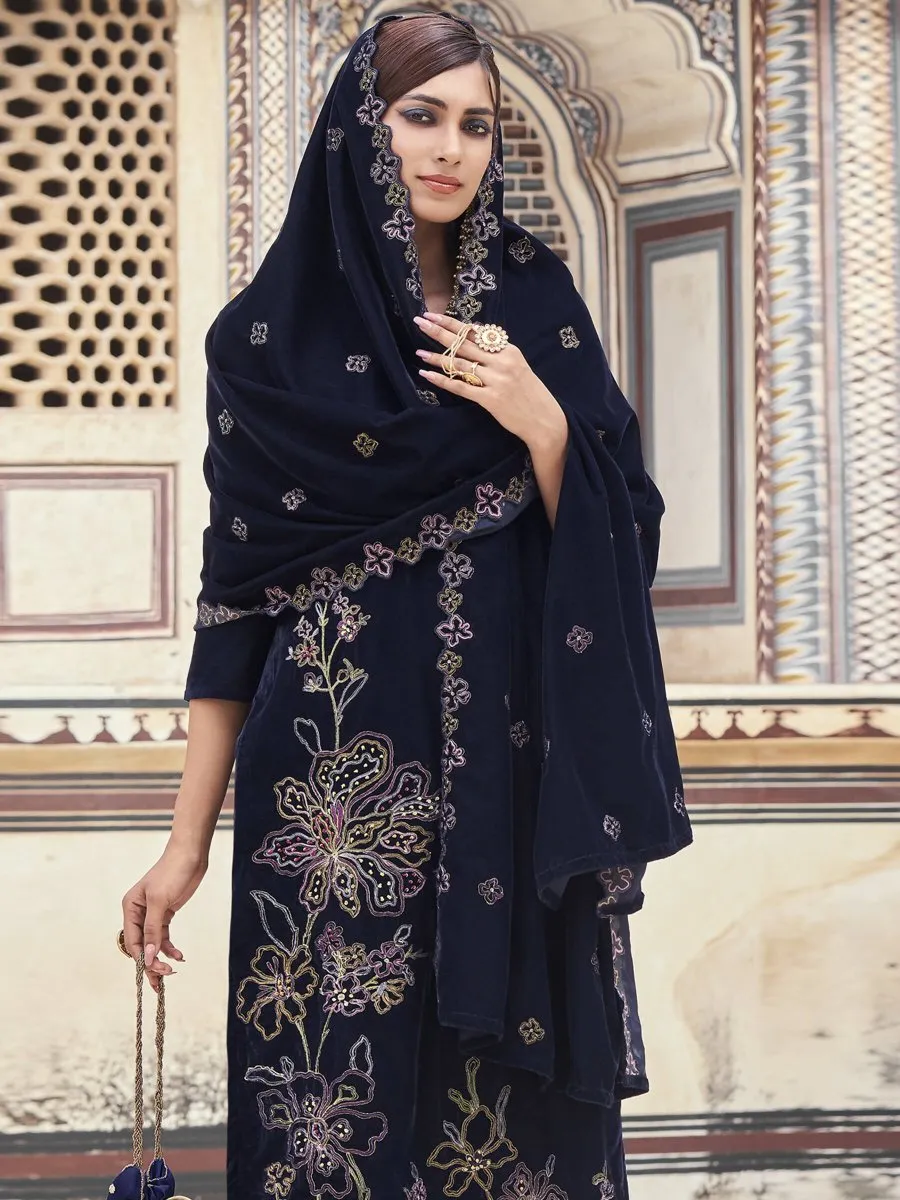 Aastha Fashion Women's Navy Blue Velvet Resham Thread with Jari & Sequin Kurta with Trouser & Dupatta