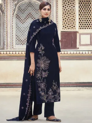 Aastha Fashion Women's Navy Blue Velvet Resham Thread with Jari & Sequin Kurta with Trouser & Dupatta