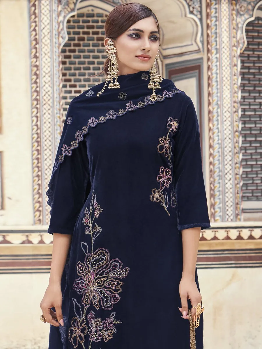 Aastha Fashion Women's Navy Blue Velvet Resham Thread with Jari & Sequin Kurta with Trouser & Dupatta