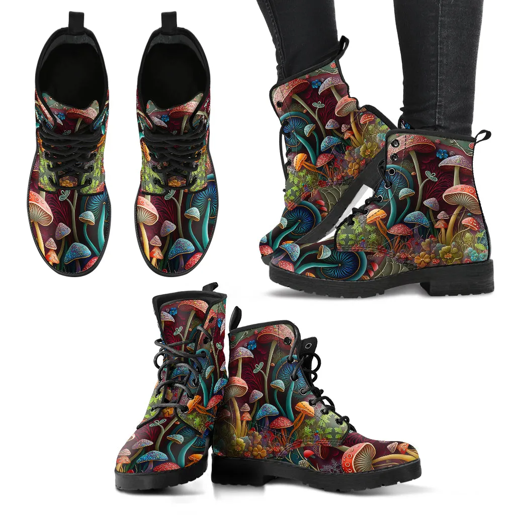 Abstract Mushroom Print Women's Vegan Leather Combat Boots