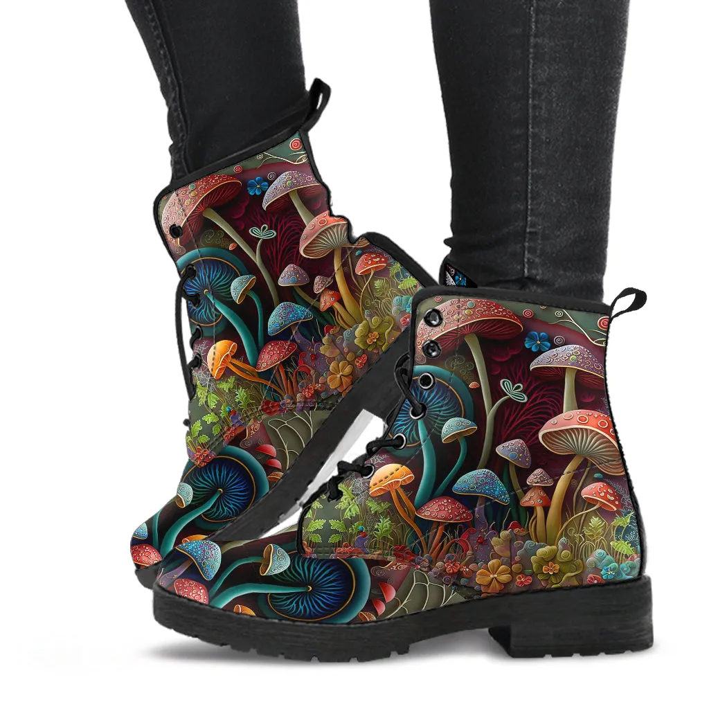 Abstract Mushroom Print Women's Vegan Leather Combat Boots