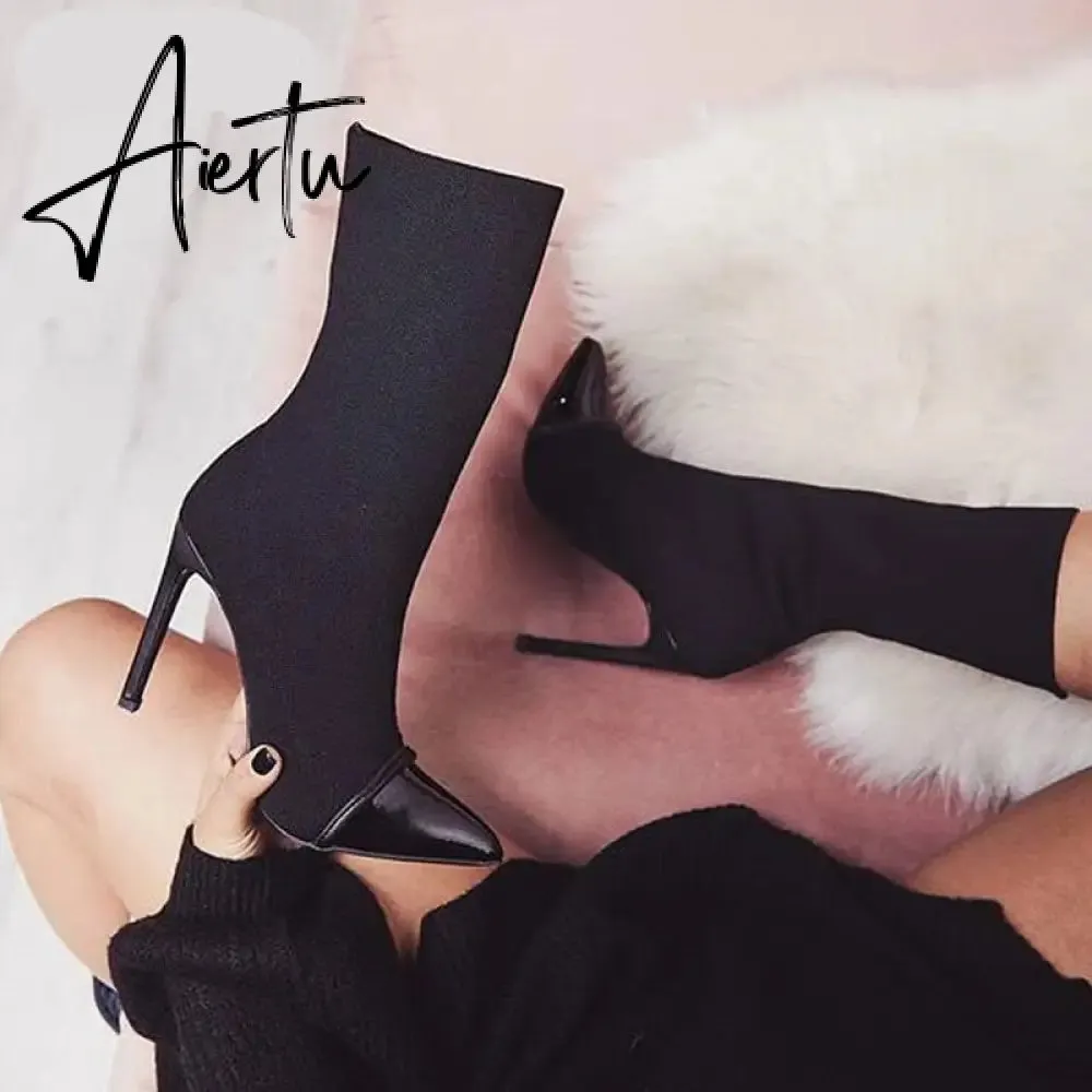 Aiertu New Women Sock Boots Pointed Toe Elastic High Boots Slip On High Heel Ankle Boots Women Pumps Stiletto Botas