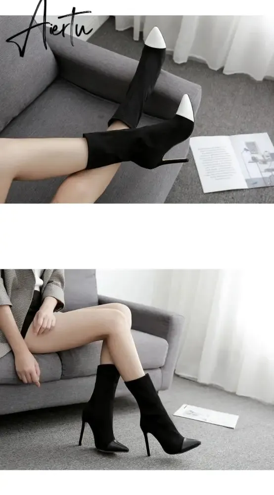 Aiertu New Women Sock Boots Pointed Toe Elastic High Boots Slip On High Heel Ankle Boots Women Pumps Stiletto Botas