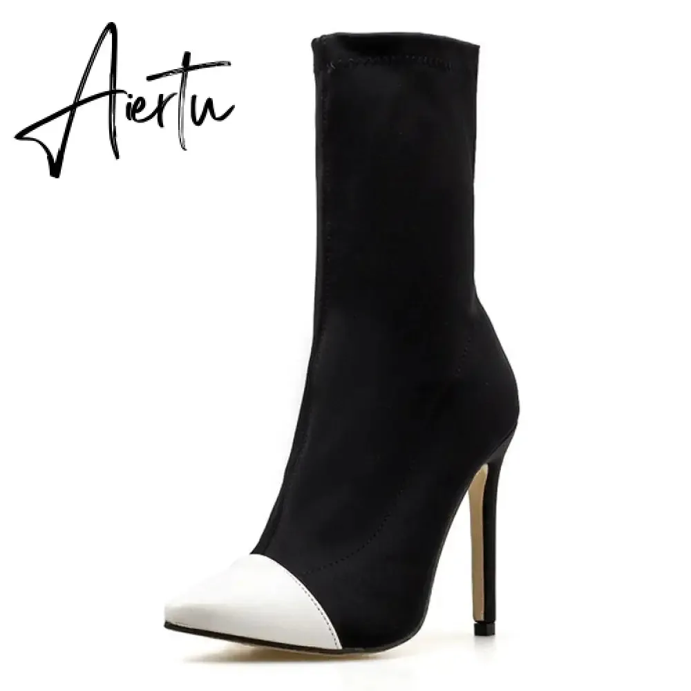 Aiertu New Women Sock Boots Pointed Toe Elastic High Boots Slip On High Heel Ankle Boots Women Pumps Stiletto Botas