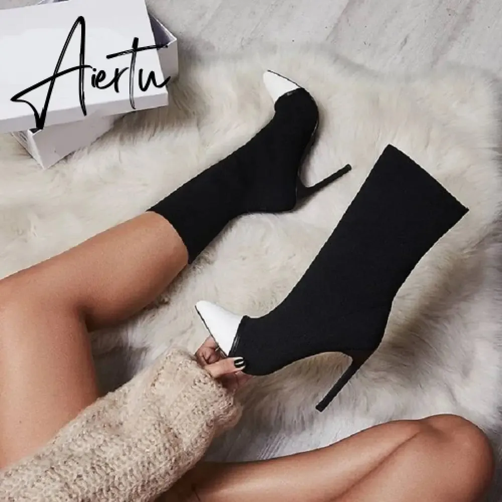 Aiertu New Women Sock Boots Pointed Toe Elastic High Boots Slip On High Heel Ankle Boots Women Pumps Stiletto Botas