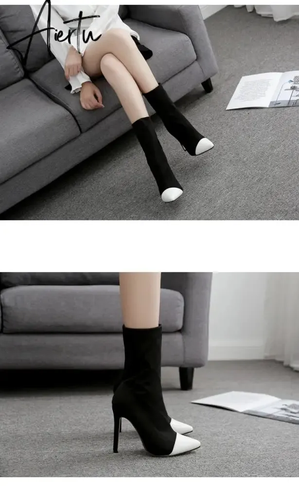 Aiertu New Women Sock Boots Pointed Toe Elastic High Boots Slip On High Heel Ankle Boots Women Pumps Stiletto Botas