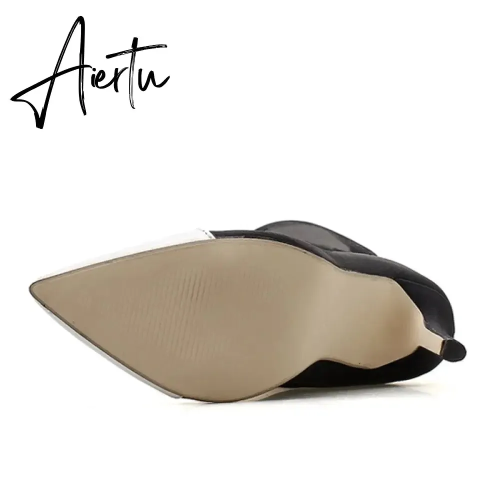 Aiertu New Women Sock Boots Pointed Toe Elastic High Boots Slip On High Heel Ankle Boots Women Pumps Stiletto Botas