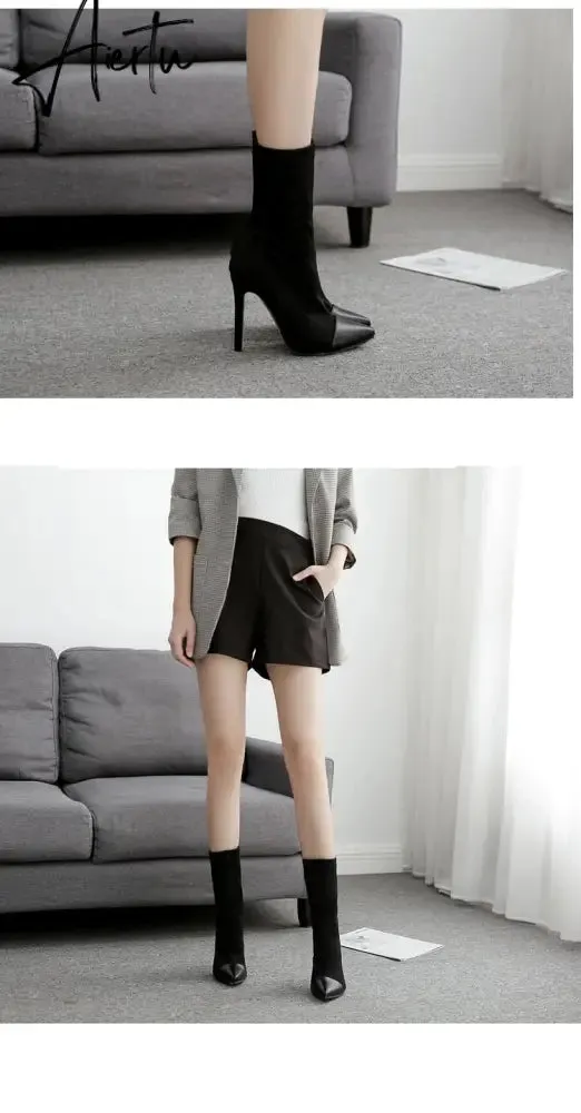 Aiertu New Women Sock Boots Pointed Toe Elastic High Boots Slip On High Heel Ankle Boots Women Pumps Stiletto Botas
