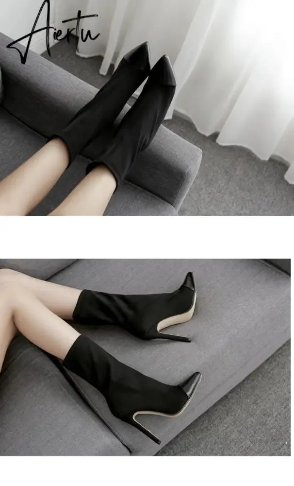 Aiertu New Women Sock Boots Pointed Toe Elastic High Boots Slip On High Heel Ankle Boots Women Pumps Stiletto Botas