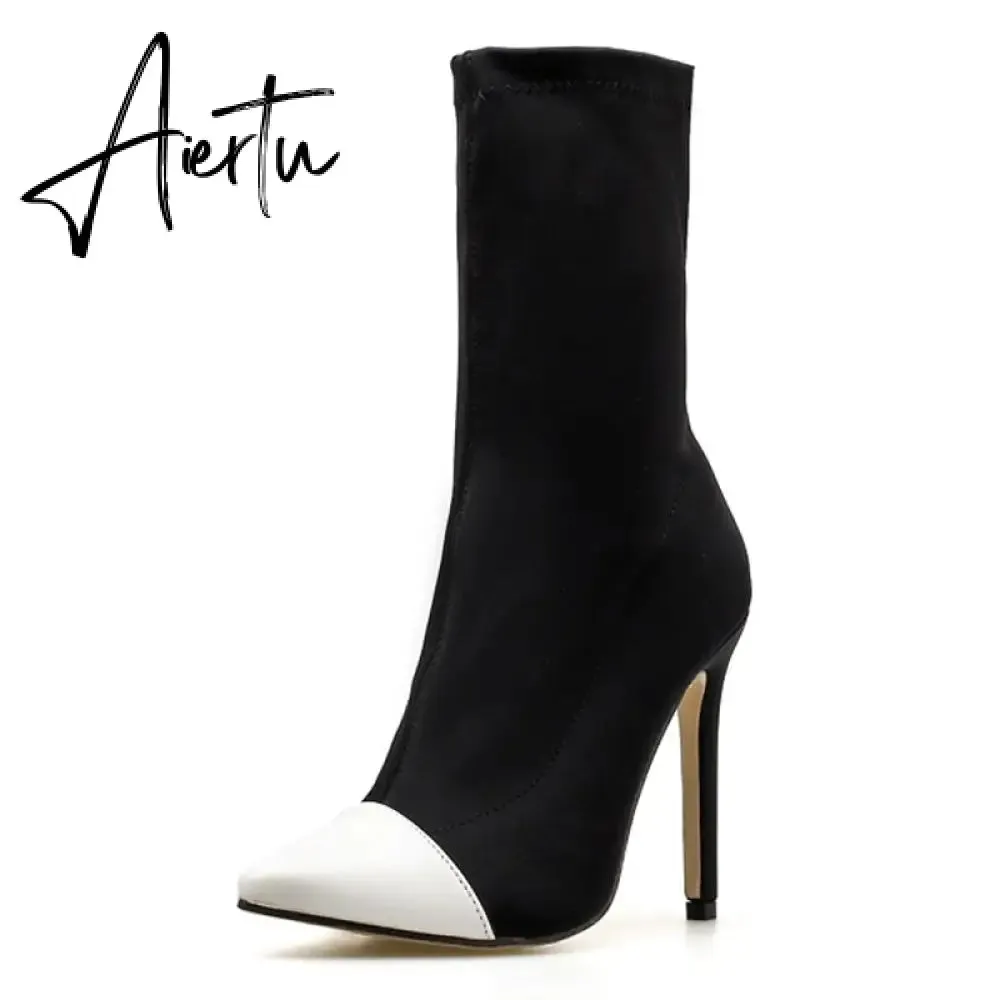 Aiertu New Women Sock Boots Pointed Toe Elastic High Boots Slip On High Heel Ankle Boots Women Pumps Stiletto Botas