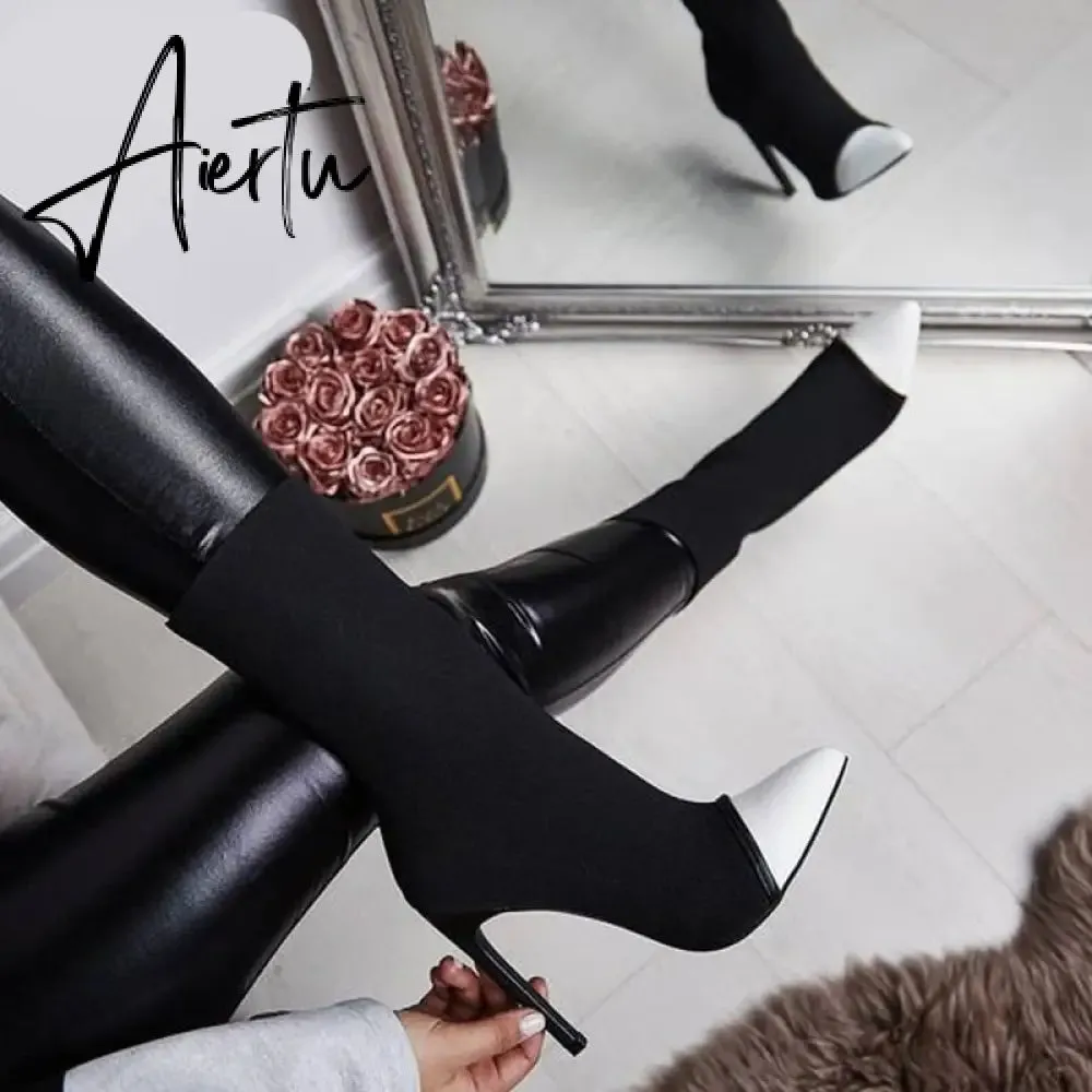 Aiertu New Women Sock Boots Pointed Toe Elastic High Boots Slip On High Heel Ankle Boots Women Pumps Stiletto Botas