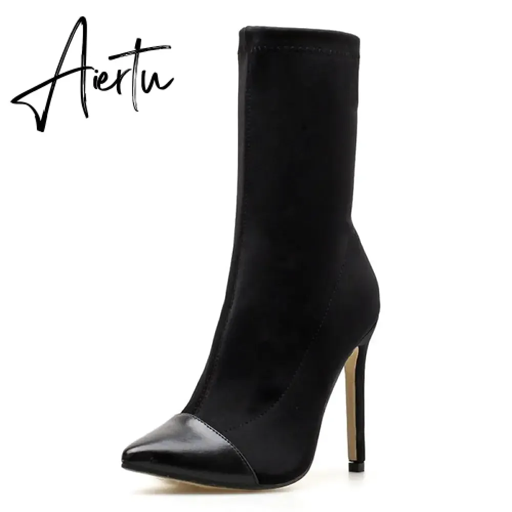 Aiertu New Women Sock Boots Pointed Toe Elastic High Boots Slip On High Heel Ankle Boots Women Pumps Stiletto Botas