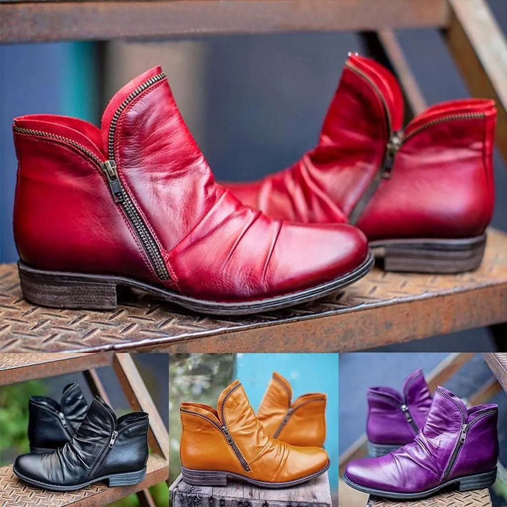 Ankle Boots for Women No Heel,2019 New Arch Support Boots Side Zipper Vintage Leather Damping Shoes Flat Heel Booties
