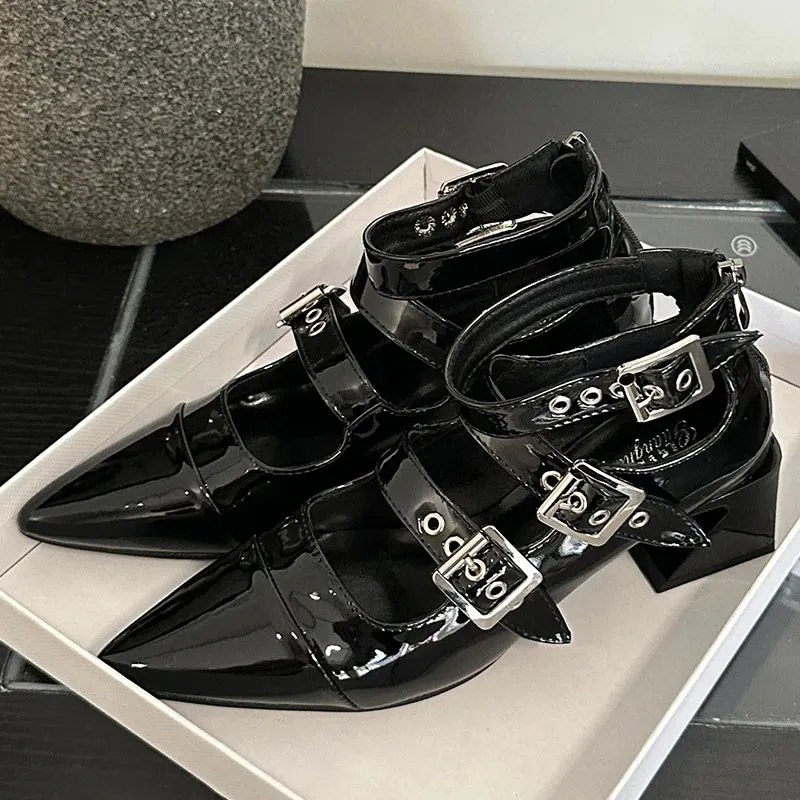 Ankle Buckle Pumps Pointed Toe Square Heels Shoes
