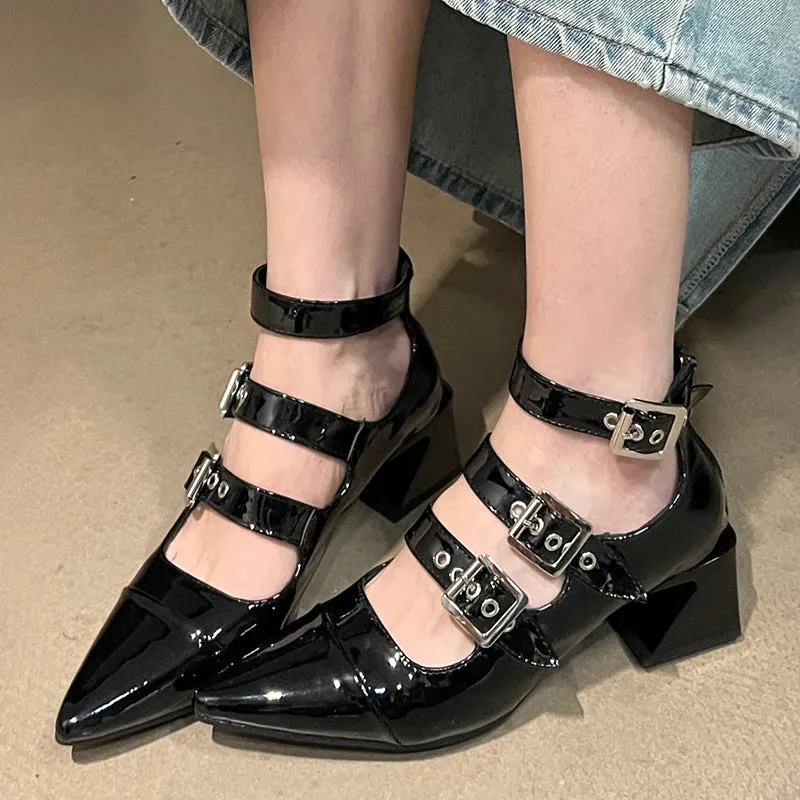 Ankle Buckle Pumps Pointed Toe Square Heels Shoes