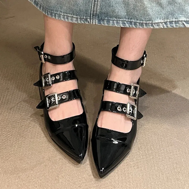 Ankle Buckle Pumps Pointed Toe Square Heels Shoes
