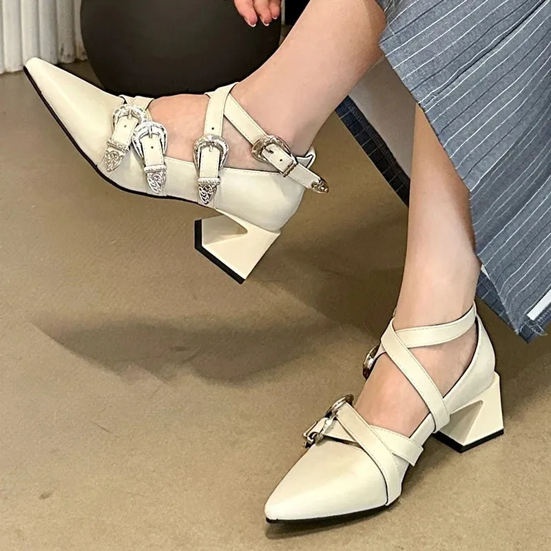 Ankle Buckle Pumps Pointed Toe Square Heels Shoes
