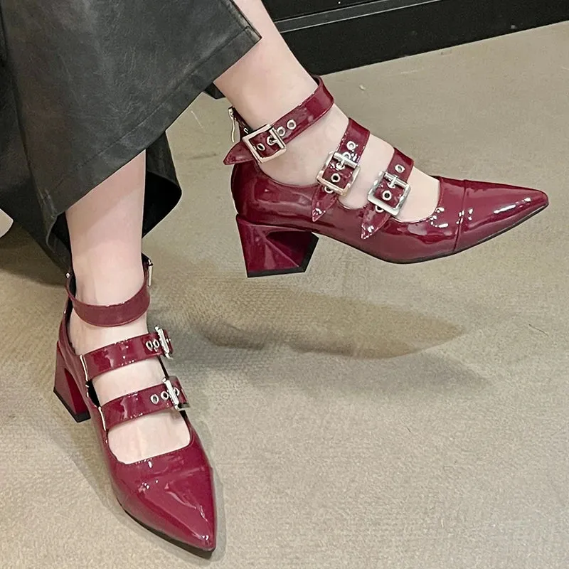 Ankle Buckle Pumps Pointed Toe Square Heels Shoes