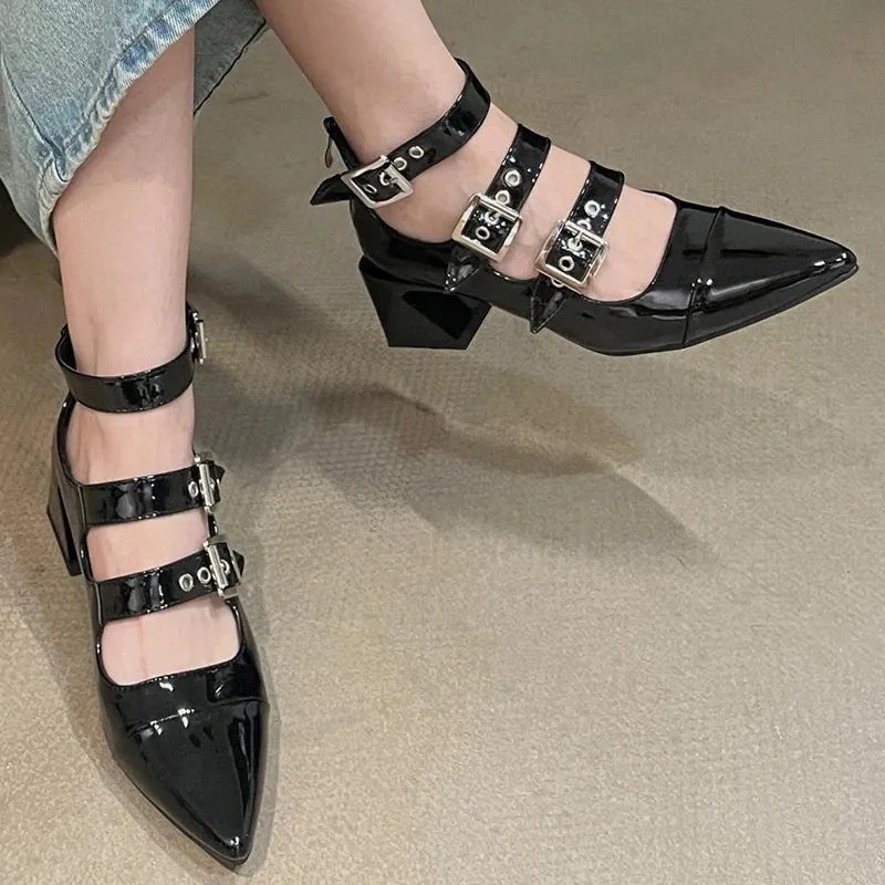 Ankle Buckle Pumps Pointed Toe Square Heels Shoes