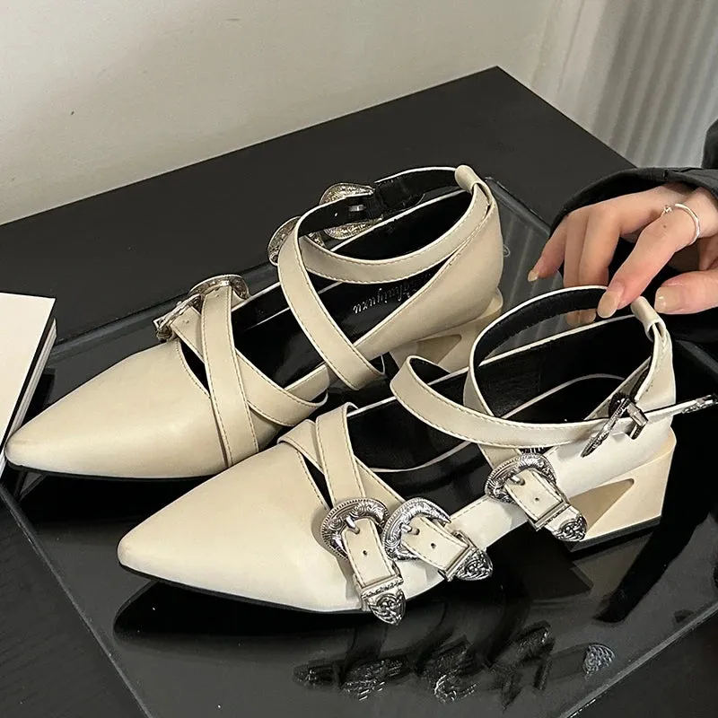 Ankle Buckle Pumps Pointed Toe Square Heels Shoes
