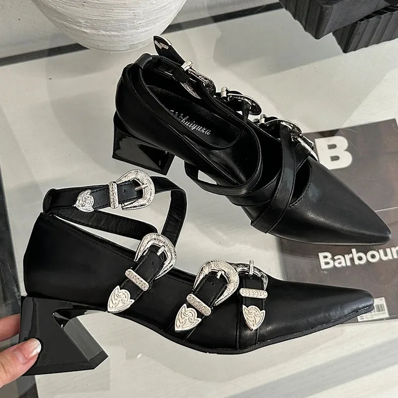 Ankle Buckle Pumps Pointed Toe Square Heels Shoes