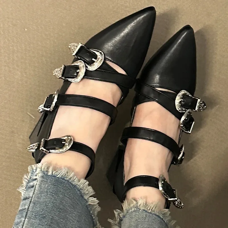 Ankle Buckle Pumps Pointed Toe Square Heels Shoes