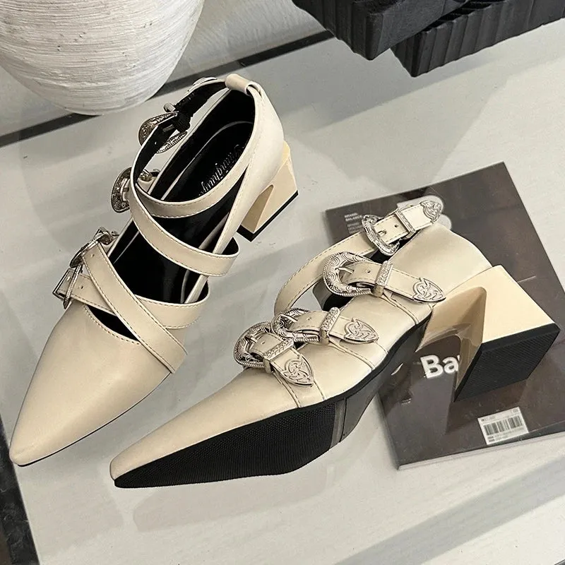 Ankle Buckle Pumps Pointed Toe Square Heels Shoes