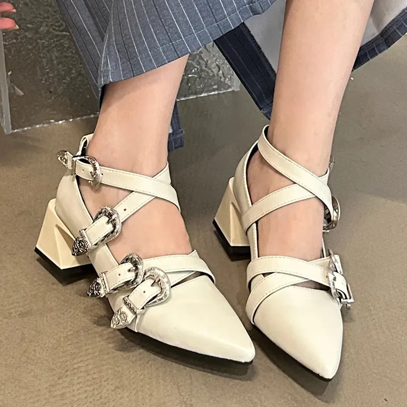 Ankle Buckle Pumps Pointed Toe Square Heels Shoes