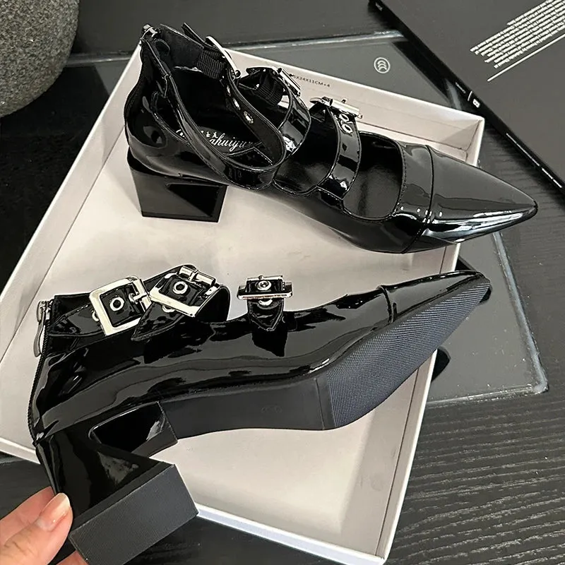 Ankle Buckle Pumps Pointed Toe Square Heels Shoes