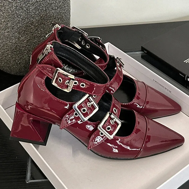 Ankle Buckle Pumps Pointed Toe Square Heels Shoes