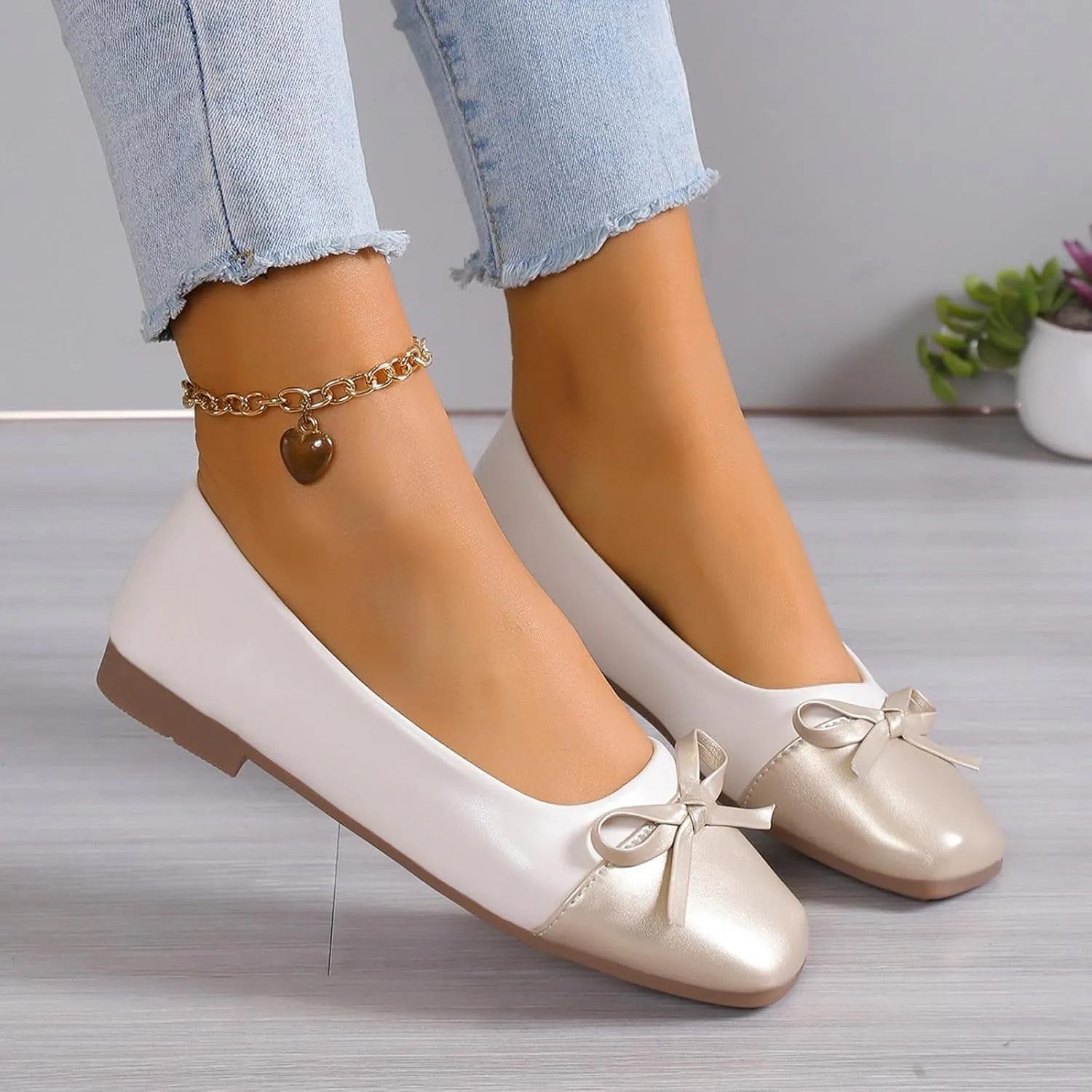 Ballet Shoes for Women Square Toe Dress Shoes Slip-On Flats Business Casual Shoes Bowknot Office Shoes Loafers