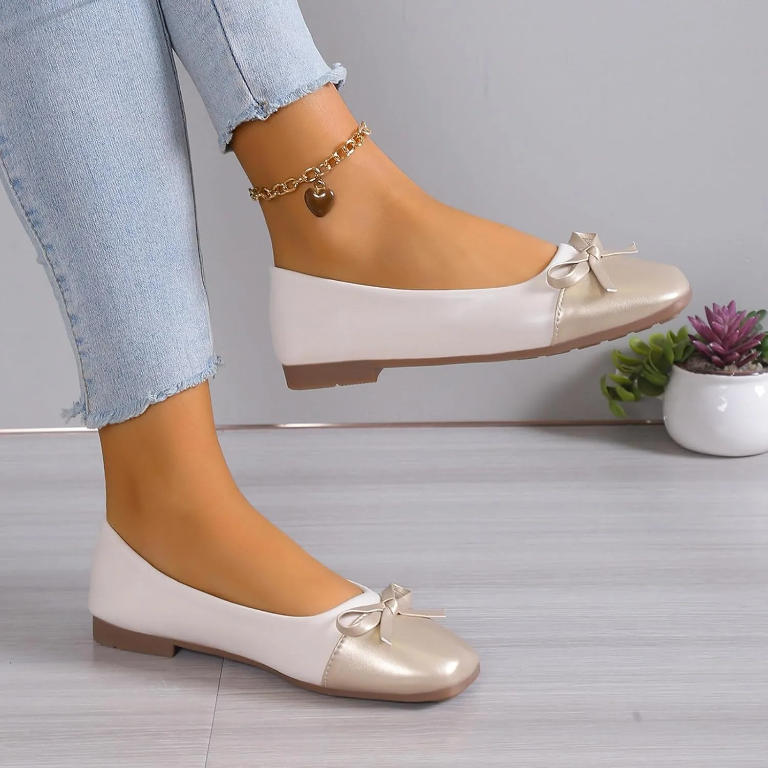 Ballet Shoes for Women Square Toe Dress Shoes Slip-On Flats Business Casual Shoes Bowknot Office Shoes Loafers