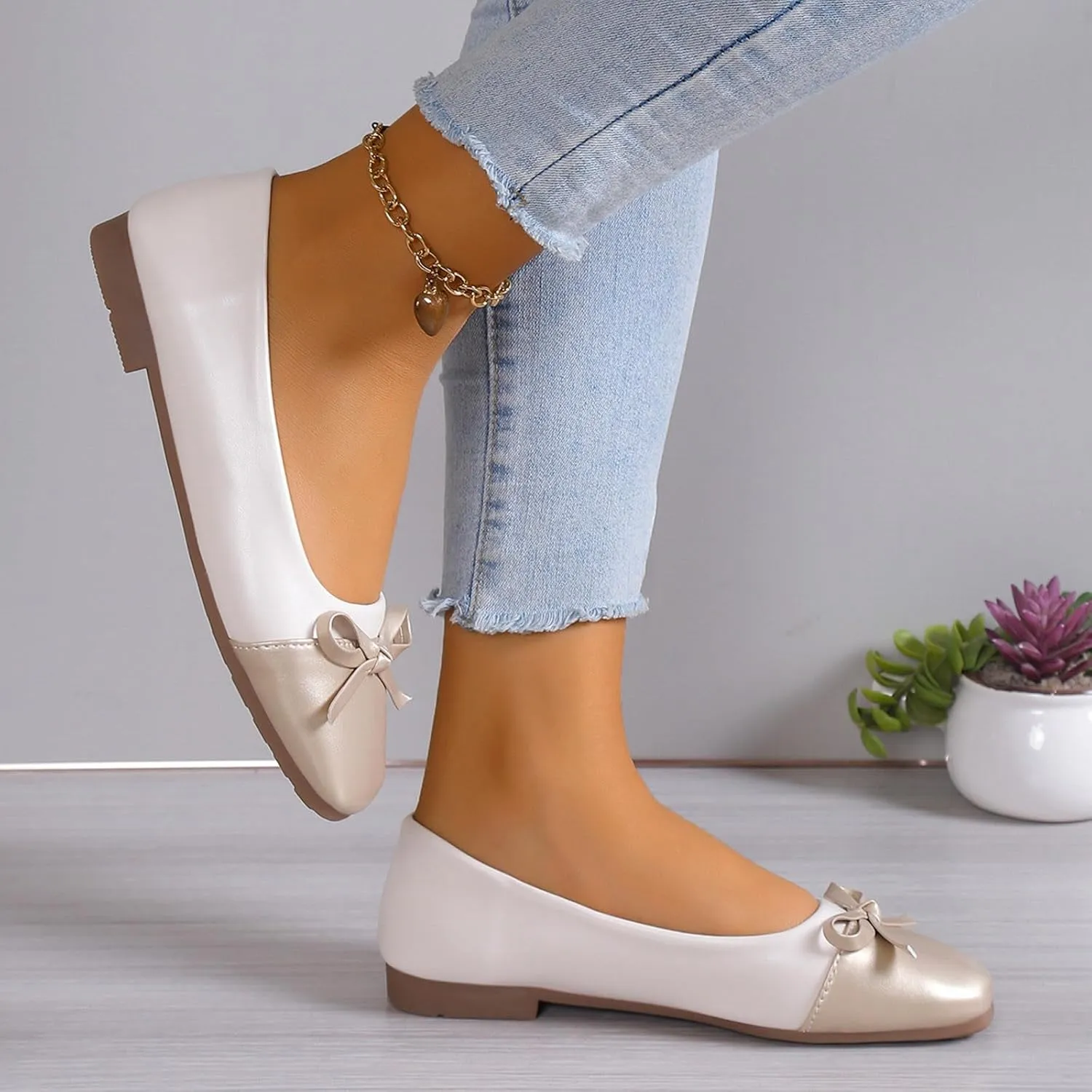 Ballet Shoes for Women Square Toe Dress Shoes Slip-On Flats Business Casual Shoes Bowknot Office Shoes Loafers