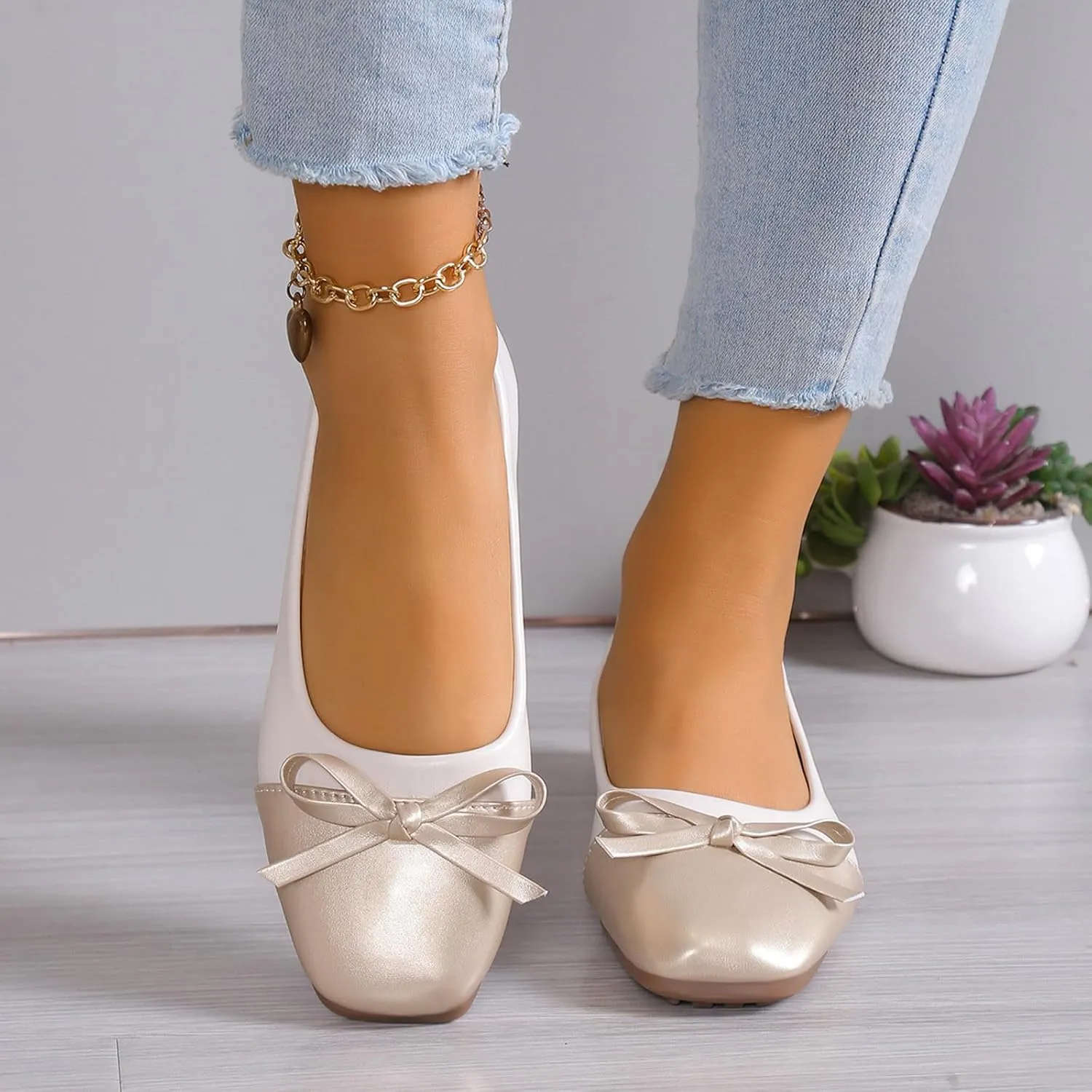 Ballet Shoes for Women Square Toe Dress Shoes Slip-On Flats Business Casual Shoes Bowknot Office Shoes Loafers