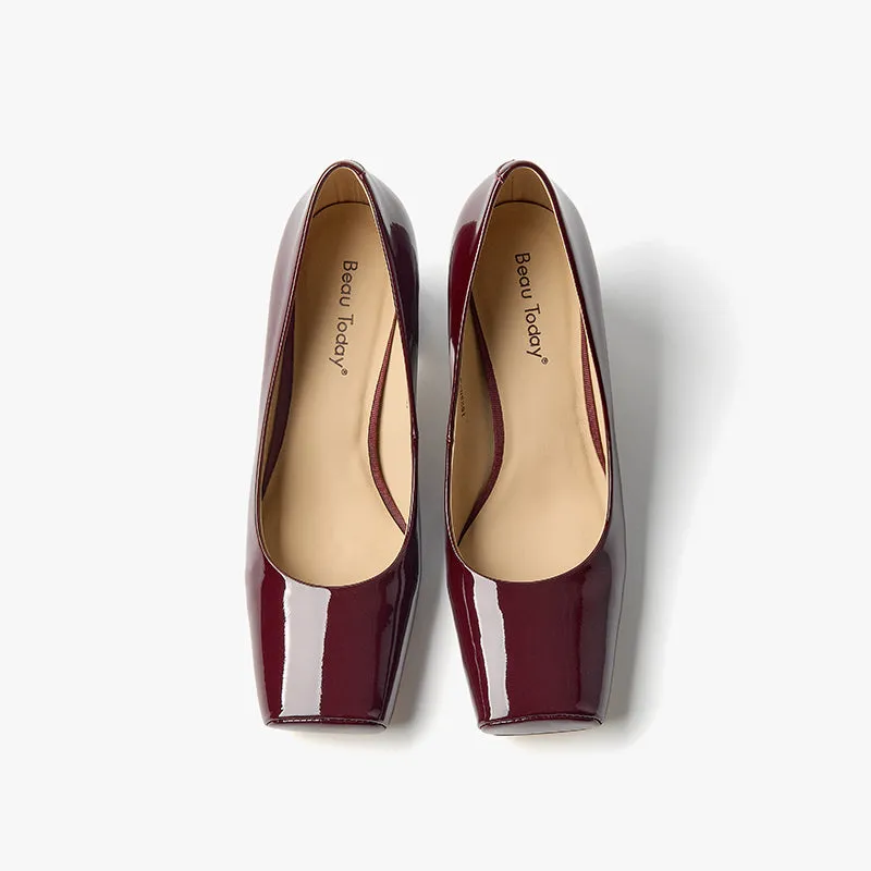 BeauToday Patent Leather Square Toe Block Heeled Pumps for Women