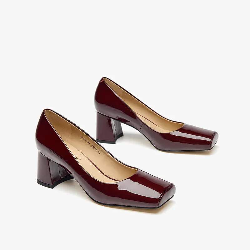 BeauToday Patent Leather Square Toe Block Heeled Pumps for Women