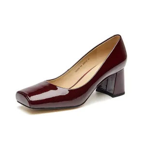 BeauToday Patent Leather Square Toe Block Heeled Pumps for Women