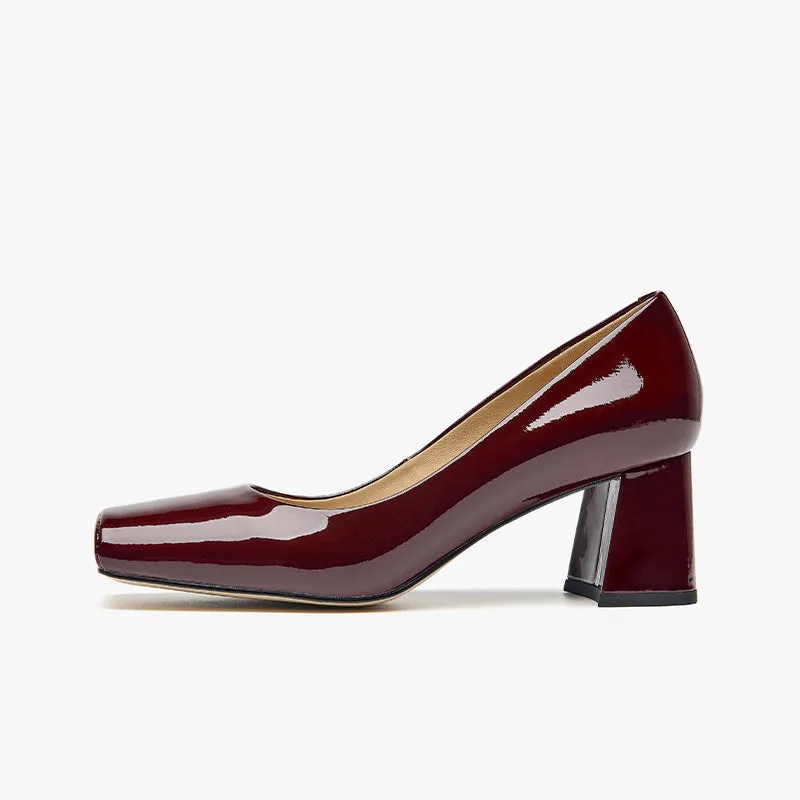 BeauToday Patent Leather Square Toe Block Heeled Pumps for Women